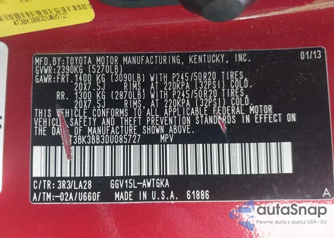 2013 Toyota Venza Xle V6 z USA, uszkodzony, nr VIN 4T3BK3BB3DU085727